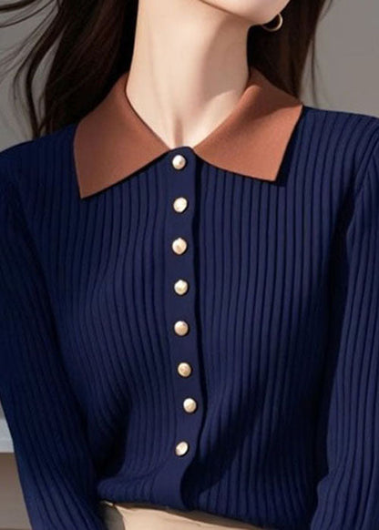 Neu Marineblauer Peter-Pan-Kragen mit Knopfleiste und Patchwork-Strickpullover, Frühling TF013