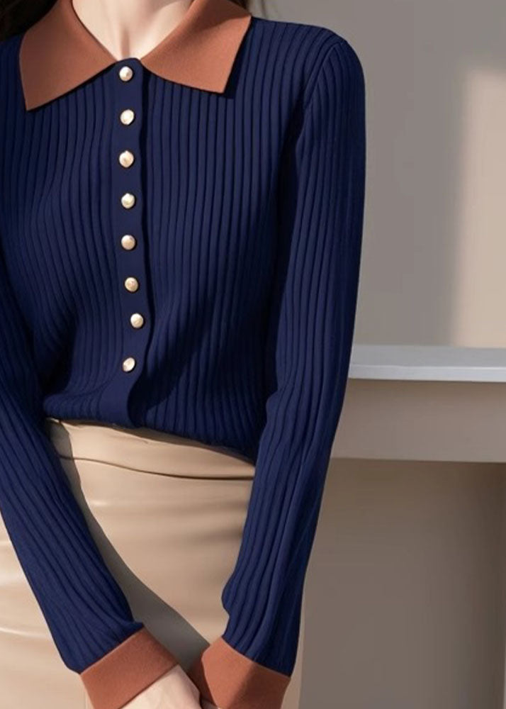 Neu Marineblauer Peter-Pan-Kragen mit Knopfleiste und Patchwork-Strickpullover, Frühling TF013