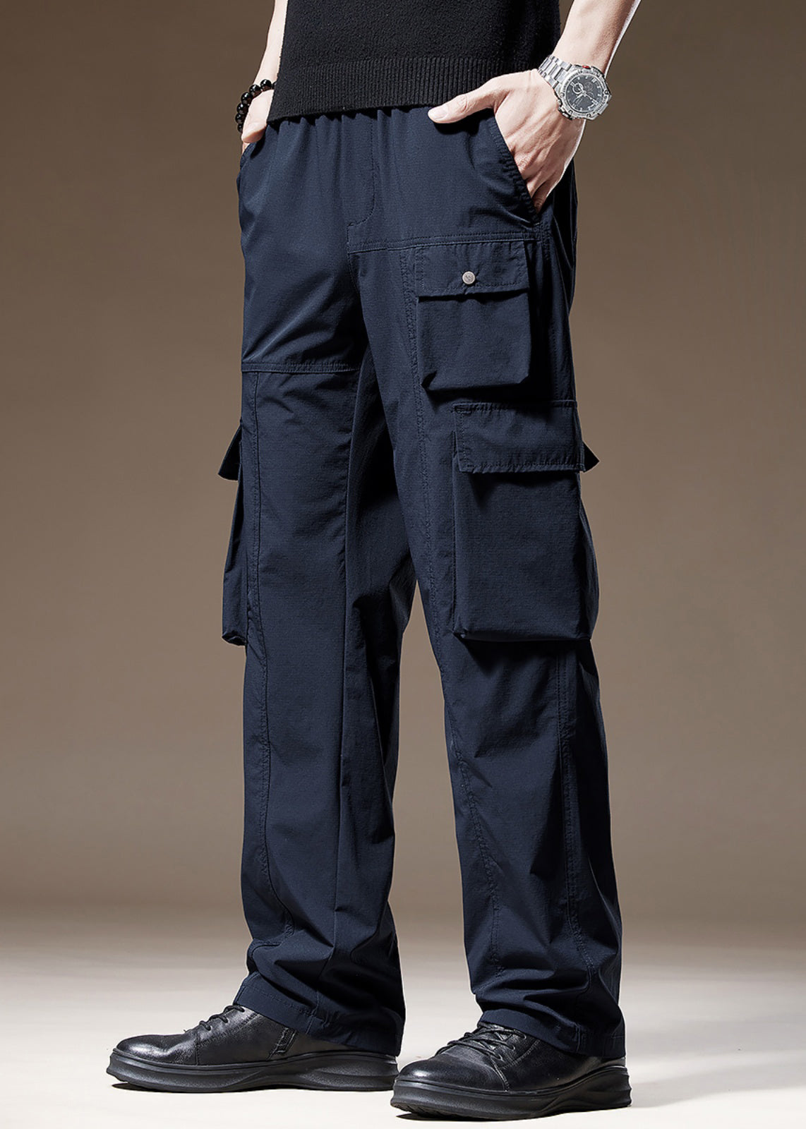 Pantalon bleu marine pour homme, poches, coton uni, printemps