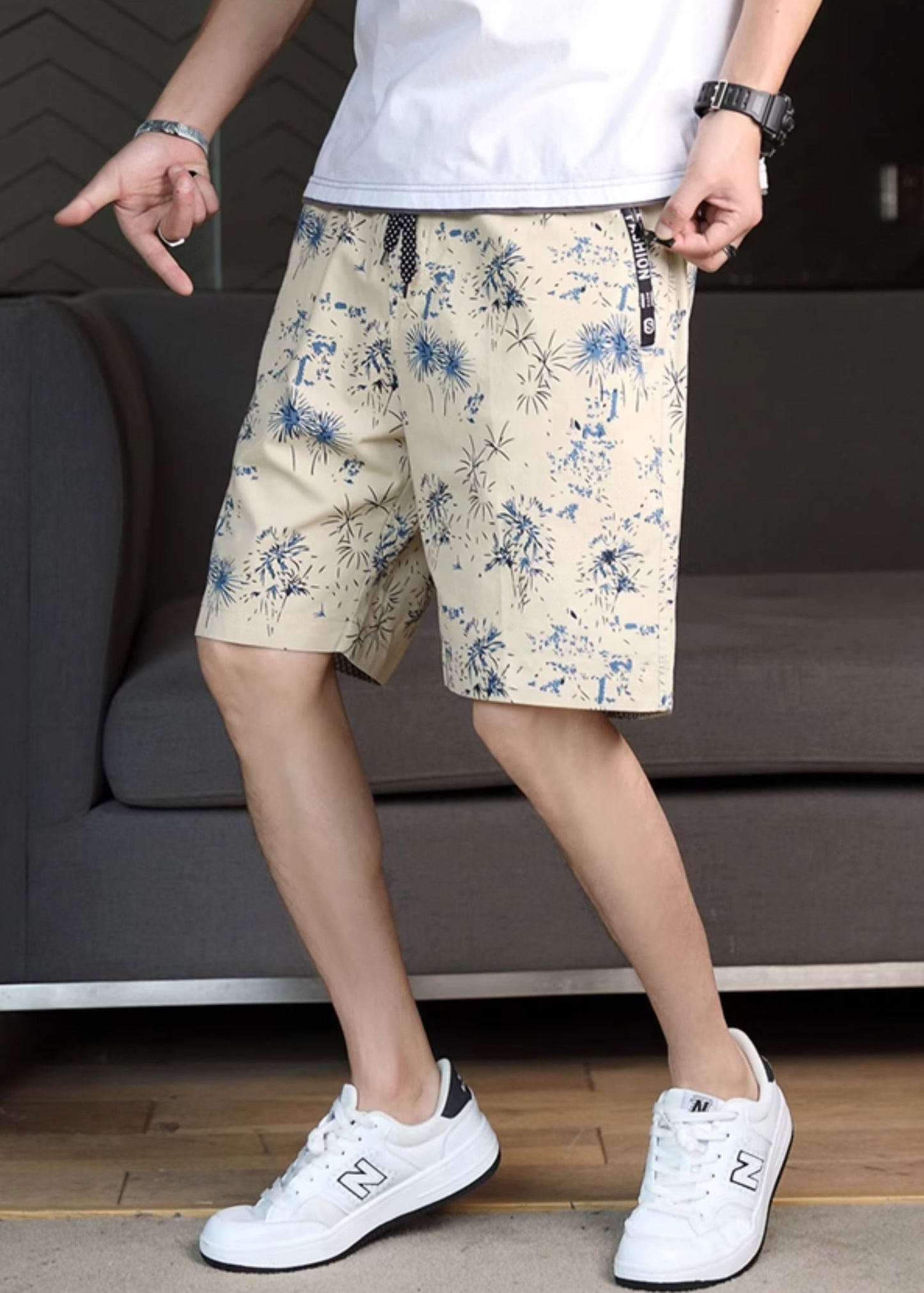 Navy Print Waist Cotton Men Shorts Summer Elastic New