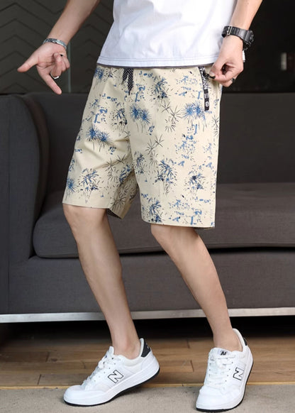 Navy Print Waist Cotton Men Shorts Summer Elastic New