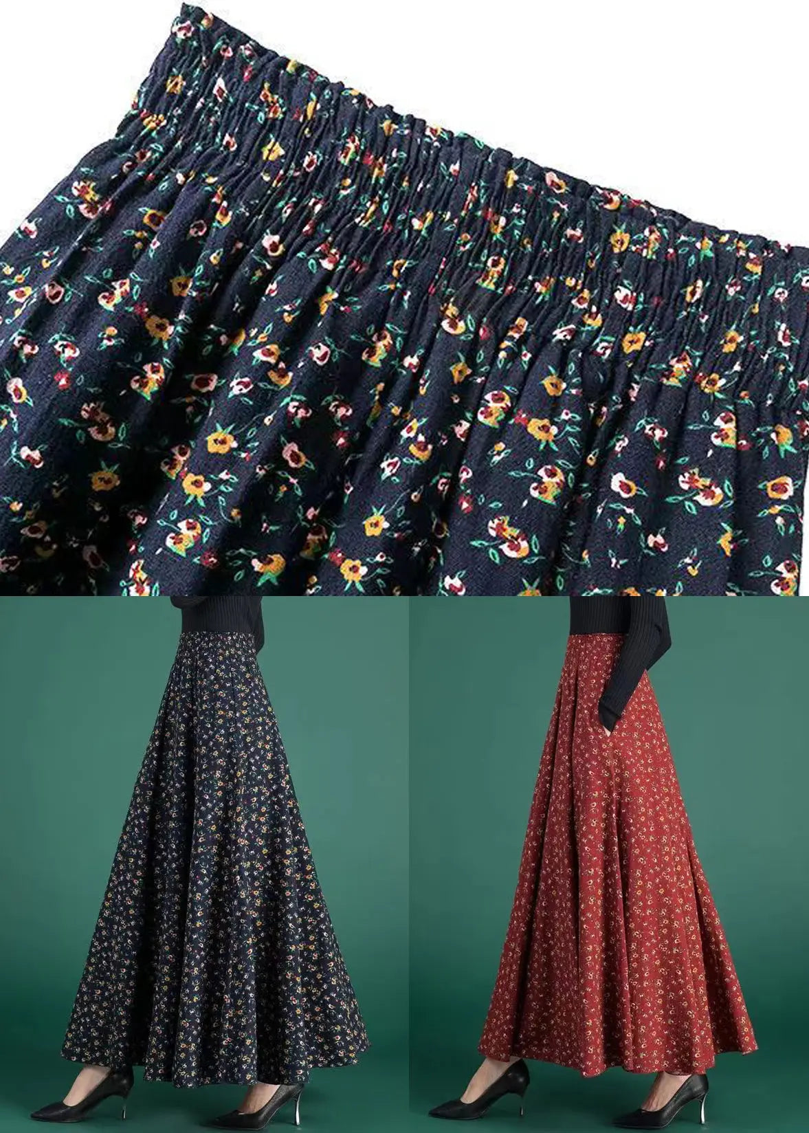 New Navy Print Elastic Waist Cotton Skirts Fall Ada Fashion