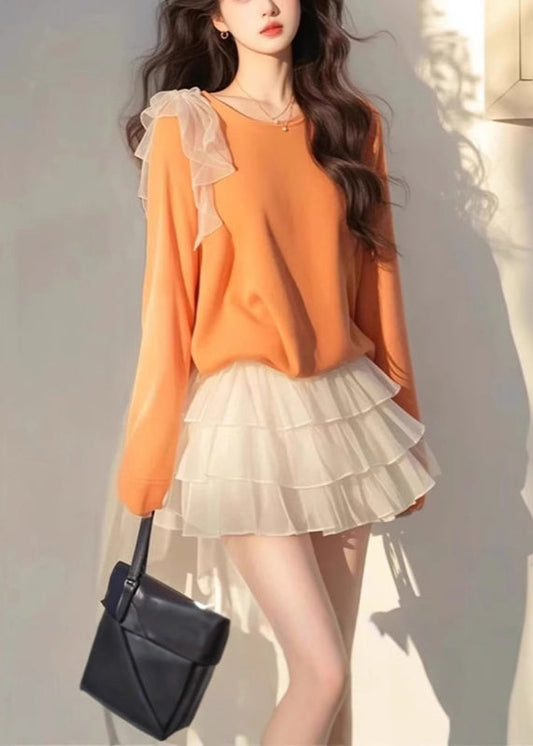 Two Cotton Piece Tops Bow New Tulle And Skirts White Set Orange