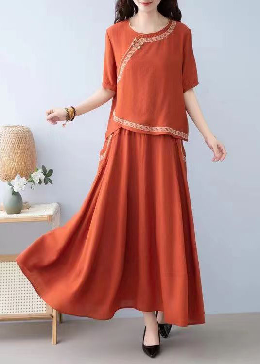 New Orange O Neck Pockets Linen Two-Piece Set Summer RE032