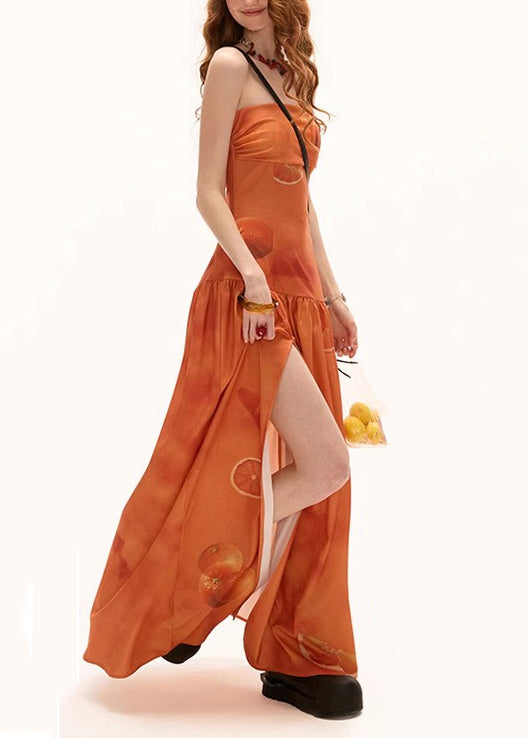 Seitlich geöffnetes Maxi-Kleid aus orangefarbenem Baumwolldruck, neu, faltig