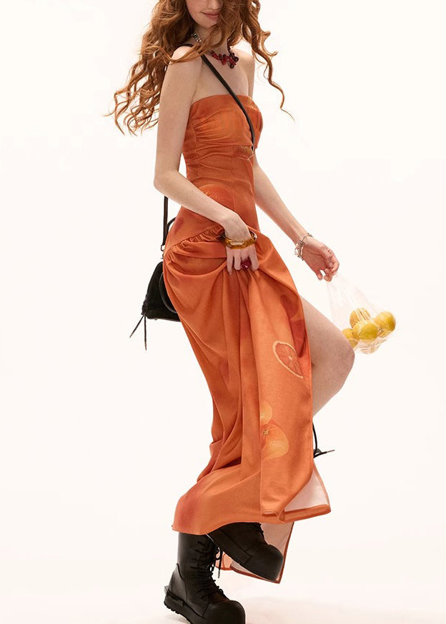 Seitlich geöffnetes Maxi-Kleid aus orangefarbenem Baumwolldruck, neu, faltig