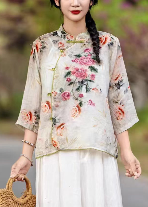 Chemises à col montant imprimé orange, nouvelle collection d'automne en lin