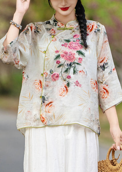 Chemises à col montant imprimé orange, nouvelle collection d'automne en lin