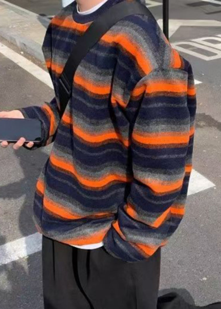 Chemise rayée en coton à col rond pour homme, orange, printemps