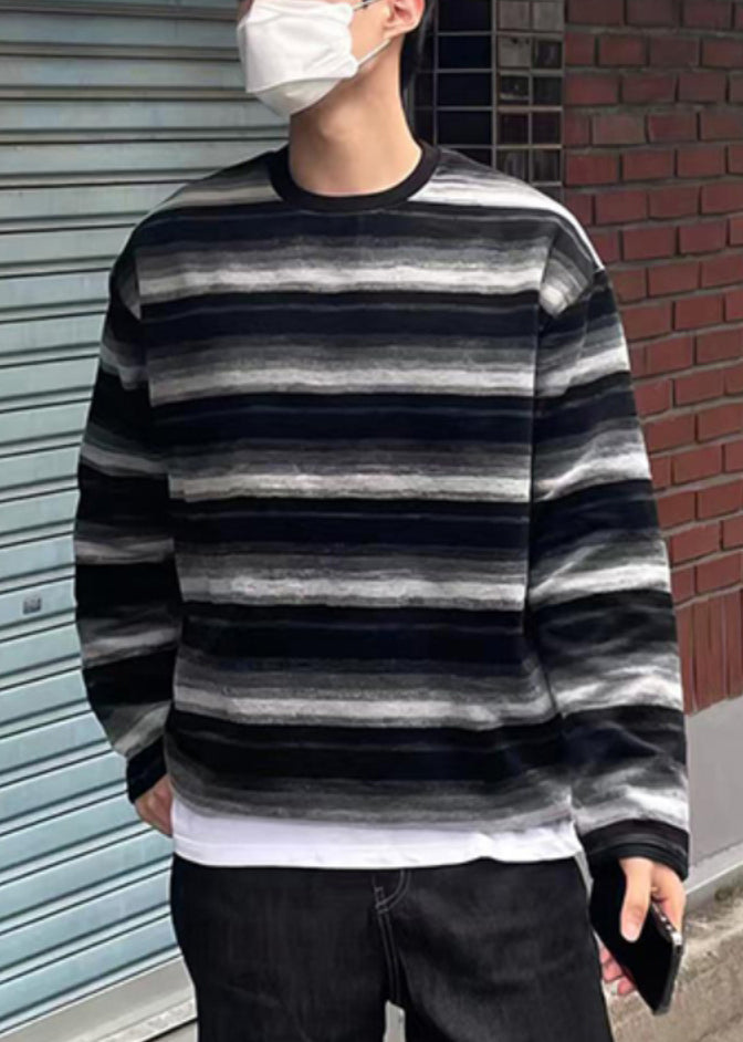 Chemise rayée en coton à col rond pour homme, orange, printemps