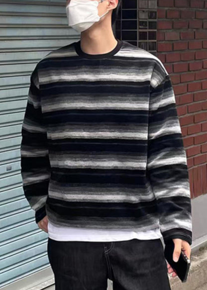 Chemise rayée en coton à col rond pour homme, orange, printemps