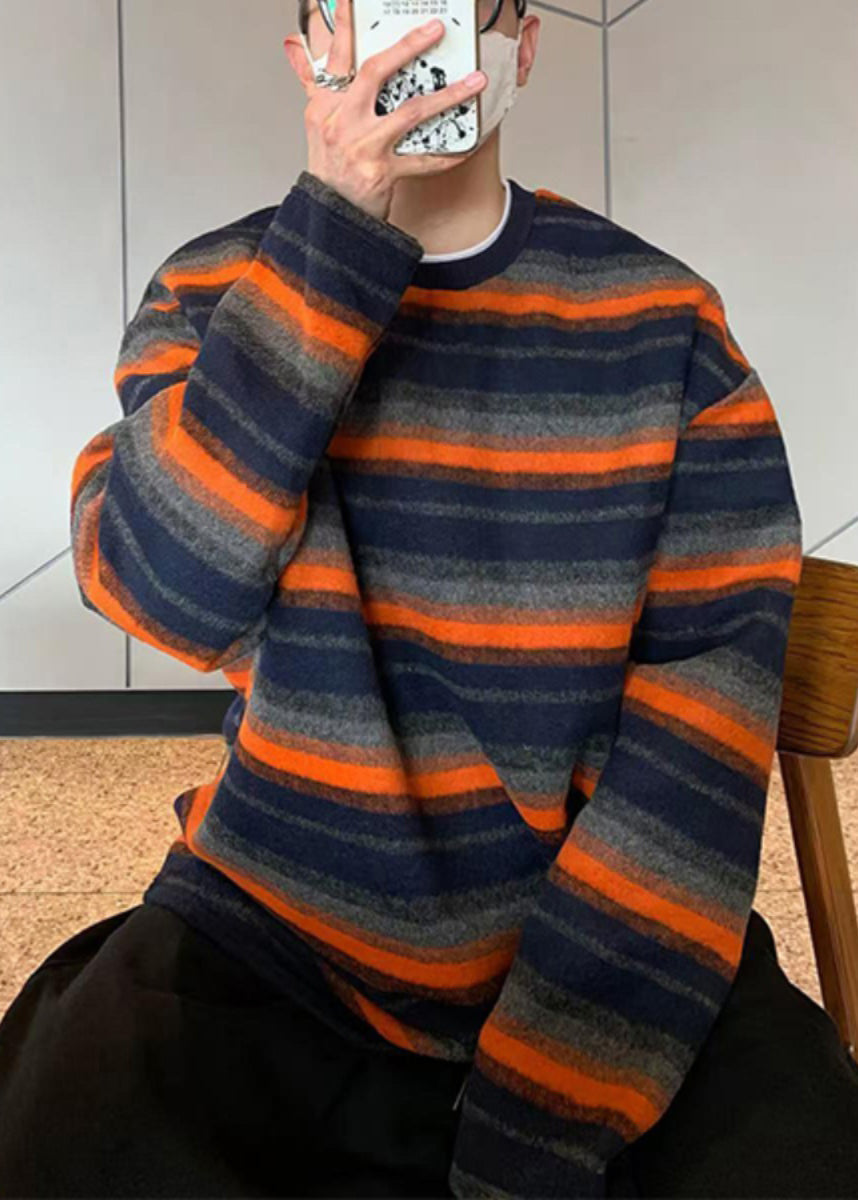 Chemise rayée en coton à col rond pour homme, orange, printemps