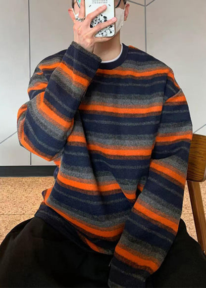 Chemise rayée en coton à col rond pour homme, orange, printemps