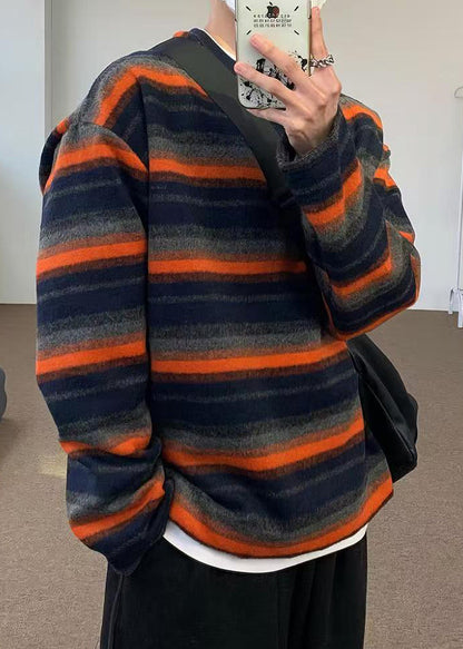 Chemise rayée en coton à col rond pour homme, orange, printemps