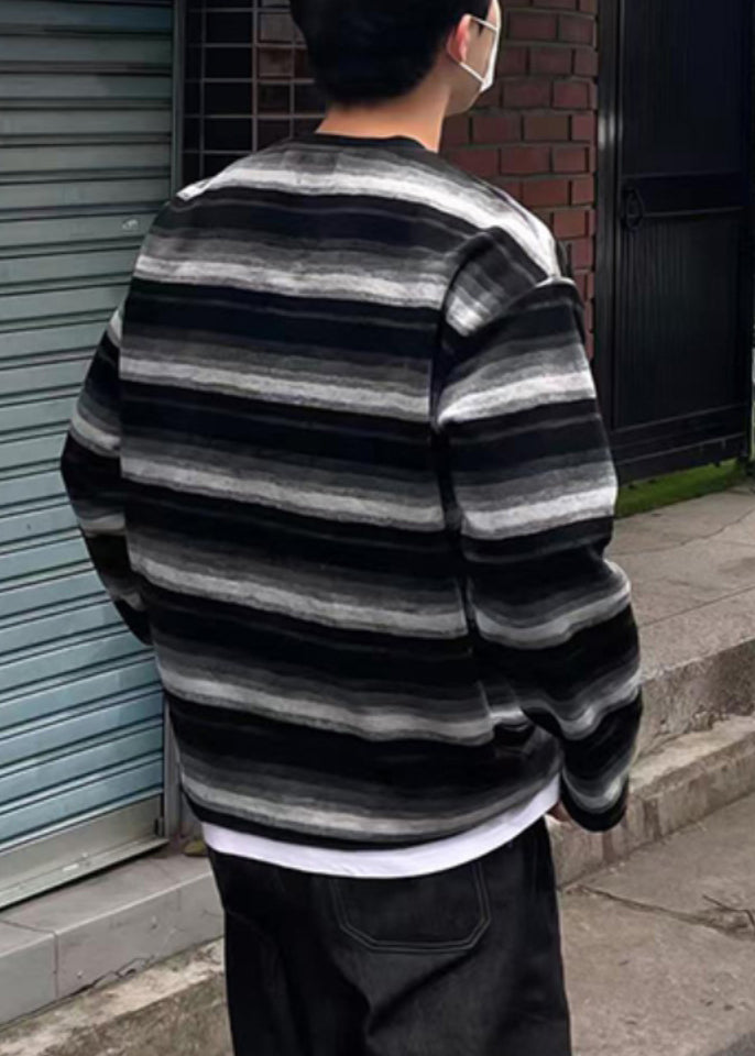 Chemise rayée en coton à col rond pour homme, orange, printemps