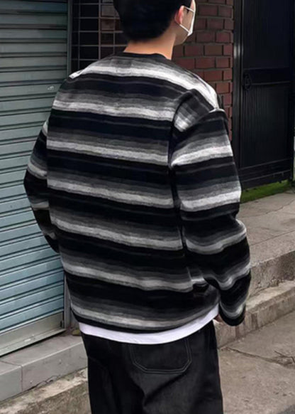 Chemise rayée en coton à col rond pour homme, orange, printemps