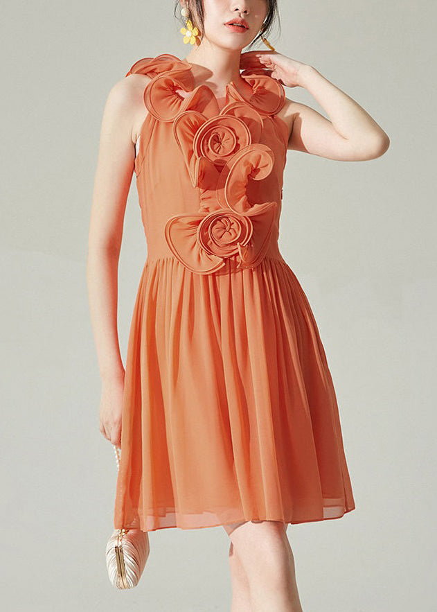 New Orange Wrinkled Solid Chiffon Mid Dress Sleeveless XX008