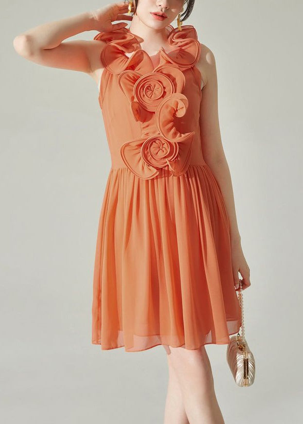 New Orange Wrinkled Solid Chiffon Mid Dress Sleeveless XX008