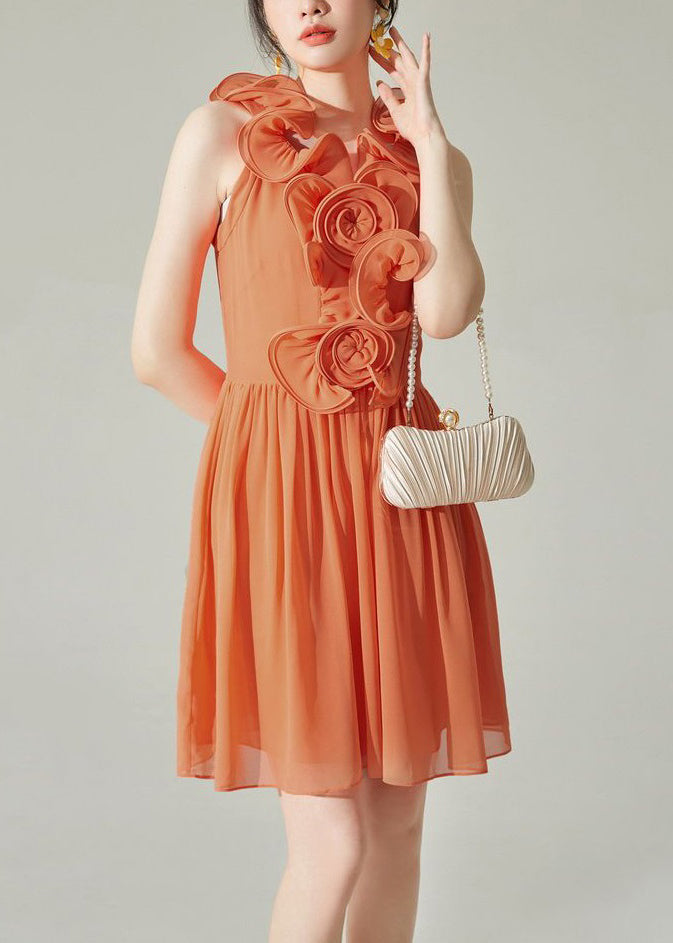 New Orange Wrinkled Solid Chiffon Mid Dress Sleeveless XX008