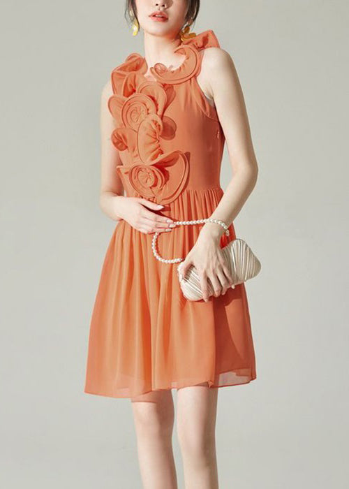 New Orange Wrinkled Solid Chiffon Mid Dress Sleeveless XX008