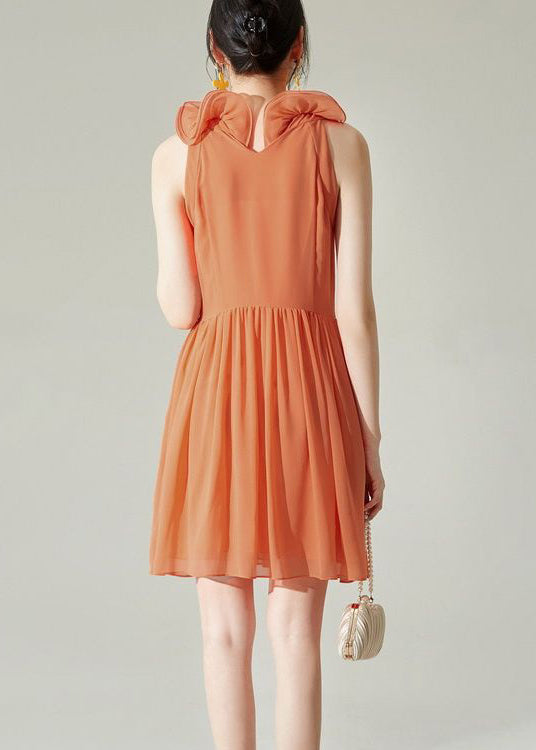 New Orange Wrinkled Solid Chiffon Mid Dress Sleeveless XX008