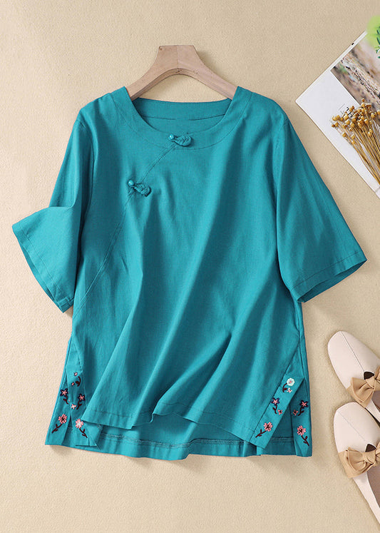 New Peacock Blue Embroidered Side Open Cotton T Shirt Summer GG023