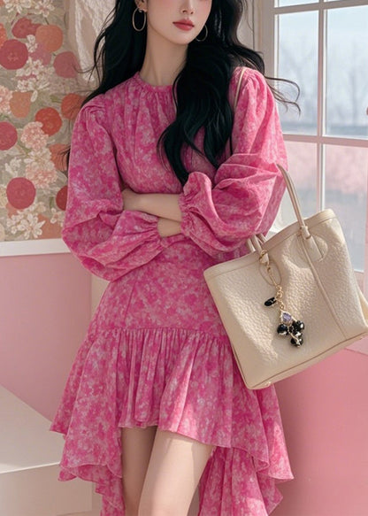 Rosa Frühling Print Baumwolle Neue Kleid Asymmetrische Mid