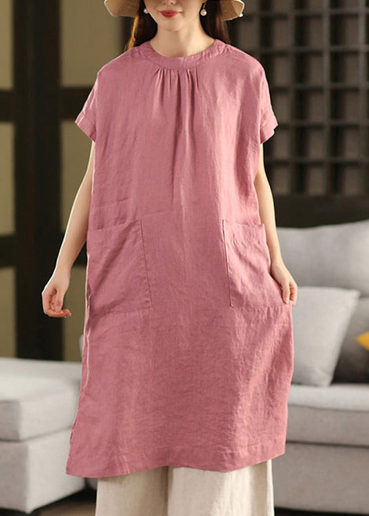 Offenes rosa Kleid Leinen Taschen Sommer neue Knopfseite