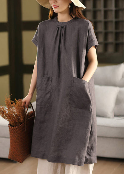 Offenes rosa Kleid Leinen Taschen Sommer neue Knopfseite