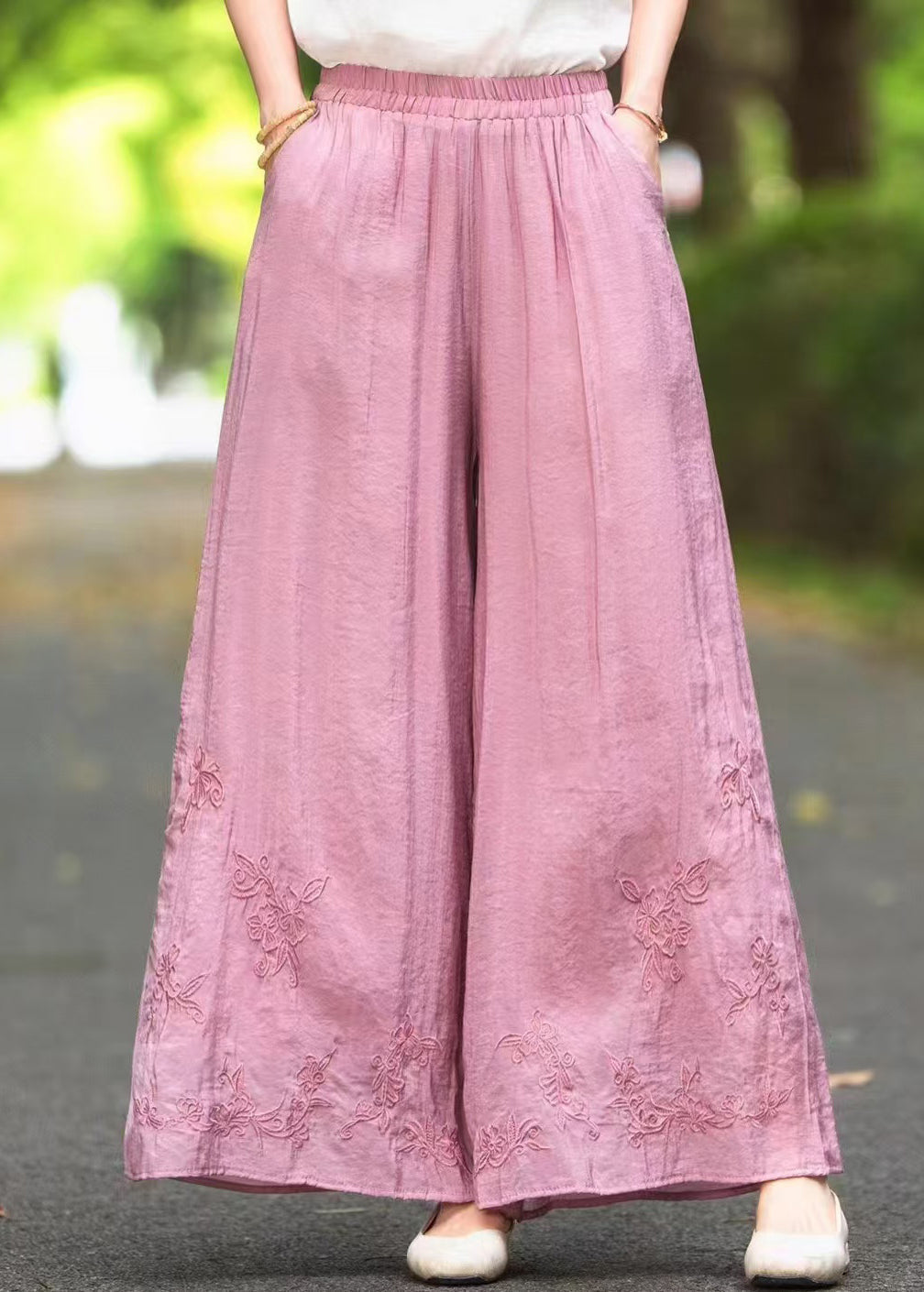 Pantalon d'été en soie élastique brodé à la taille et aux jambes larges, rose, neuf
