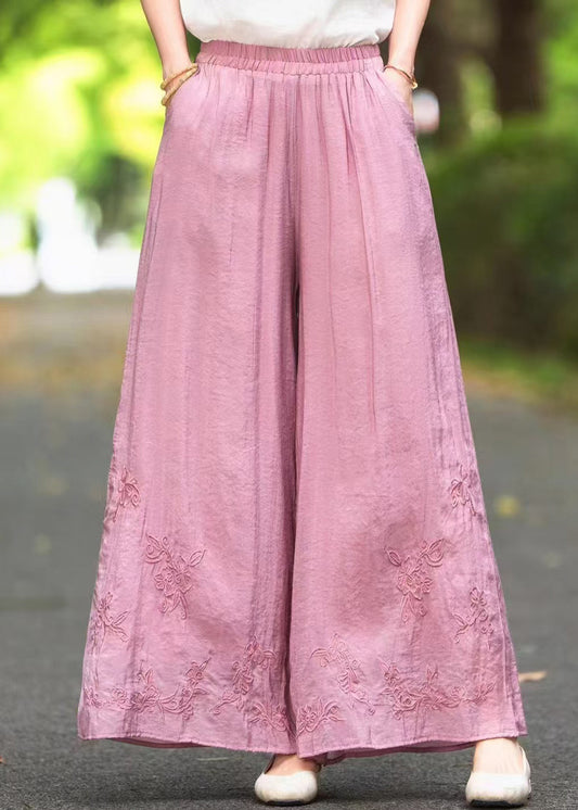 Pantalon d'été en soie élastique brodé à la taille et aux jambes larges, rose, neuf