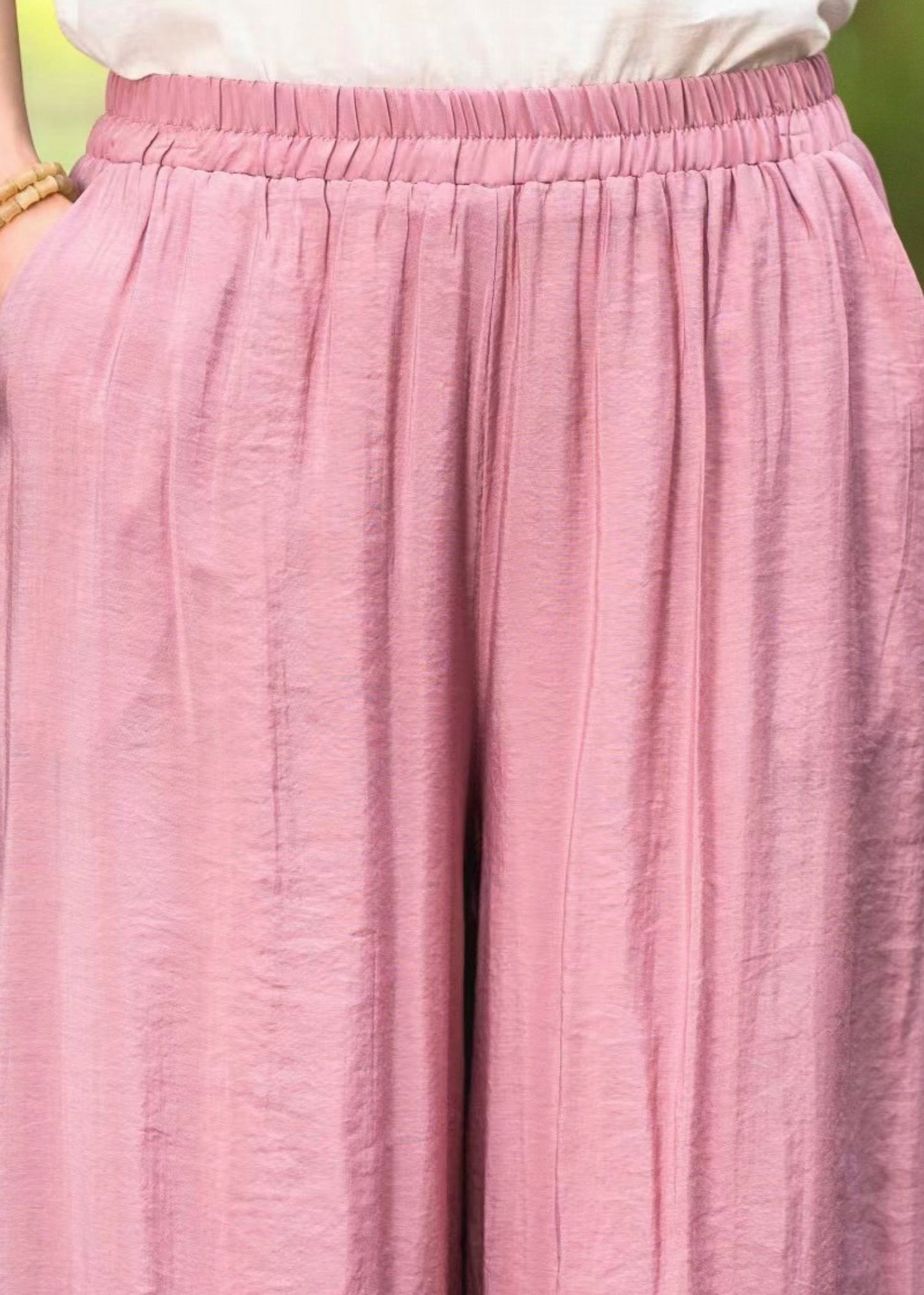 Pantalon d'été en soie élastique brodé à la taille et aux jambes larges, rose, neuf