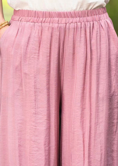 Pantalon d'été en soie élastique brodé à la taille et aux jambes larges, rose, neuf