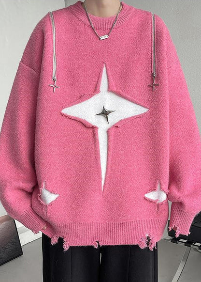 Nouveau pull rose à col rond et trou pour homme en tricot confortable pour l'automne QH020