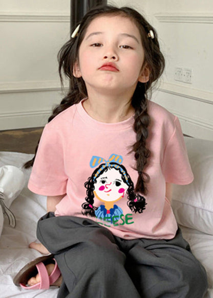 Nouveau T-shirt rose à col rond en coton imprimé pour enfants et filles, été YU1056