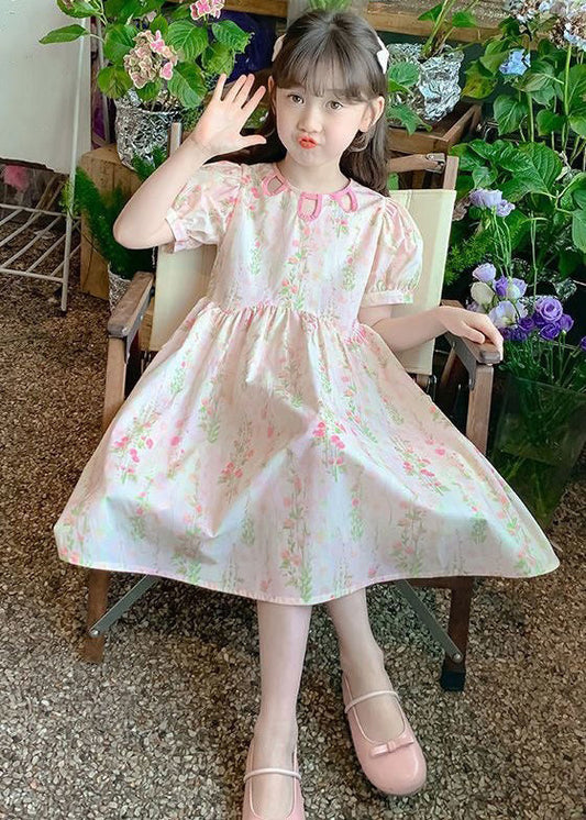 New Pink O Neck Print Patchwork Cotton Girls Dress Summer TT004