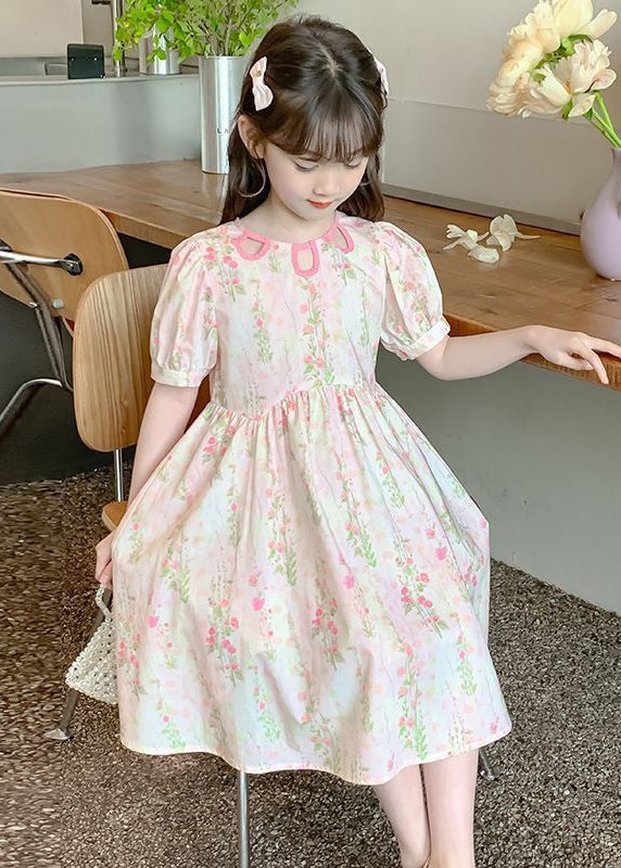 New Pink O Neck Print Patchwork Cotton Girls Dress Summer TT004