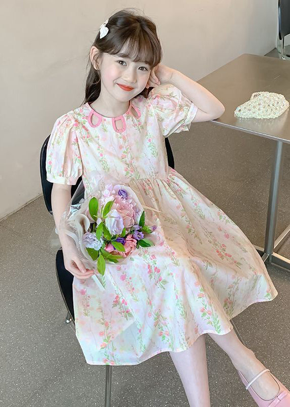 New Pink O Neck Print Patchwork Cotton Girls Dress Summer TT004