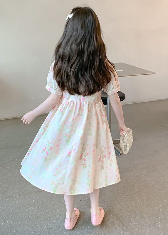 New Pink O Neck Print Patchwork Cotton Girls Dress Summer TT004