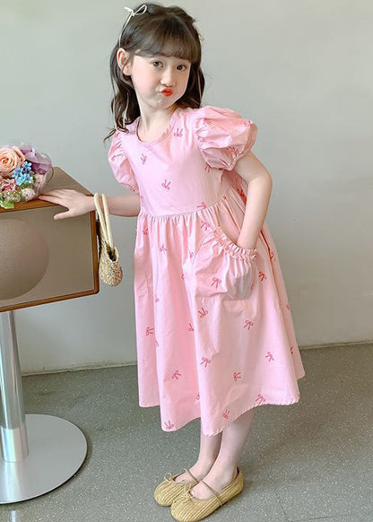 Nouvelles robes roses à lacets en coton pour enfants et filles, manches bouffantes TT008