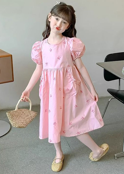 New Pink Pockets Lace Up Cotton Kids Girls Dresses Puff Sleeve TT008