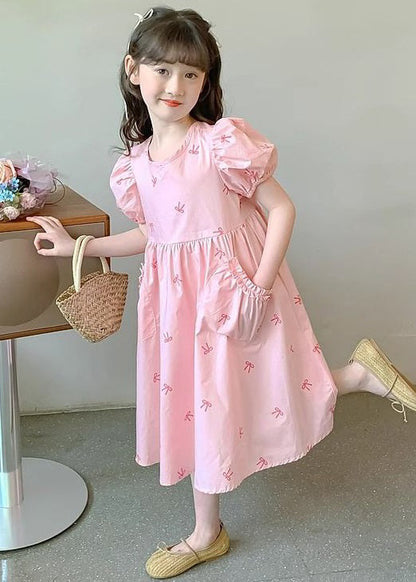 Nouvelles robes roses à lacets en coton pour enfants et filles, manches bouffantes TT008