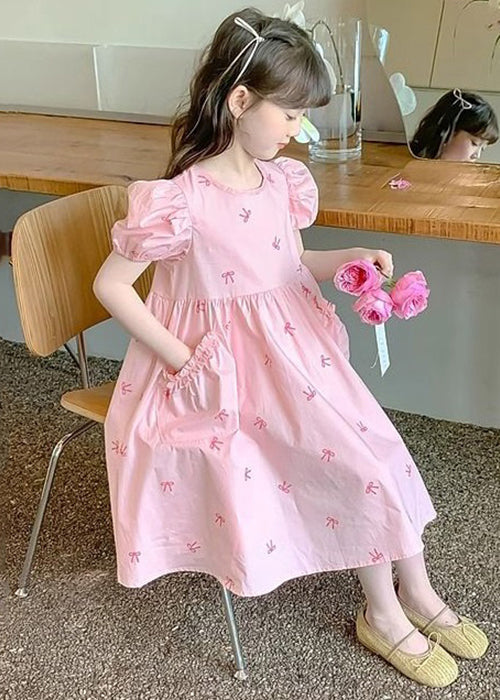 New Pink Pockets Lace Up Cotton Kids Girls Dresses Puff Sleeve TT008