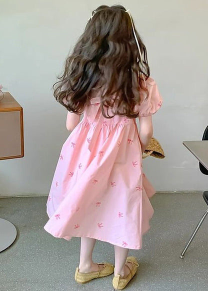 Nouvelles robes roses à lacets en coton pour enfants et filles, manches bouffantes TT008