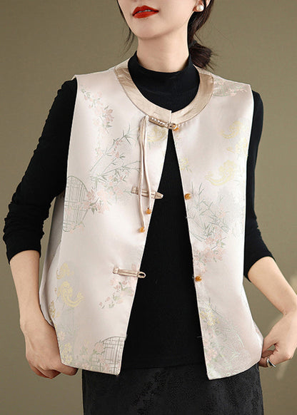 Gilet en soie à imprimé chinois rose sans manches QG028