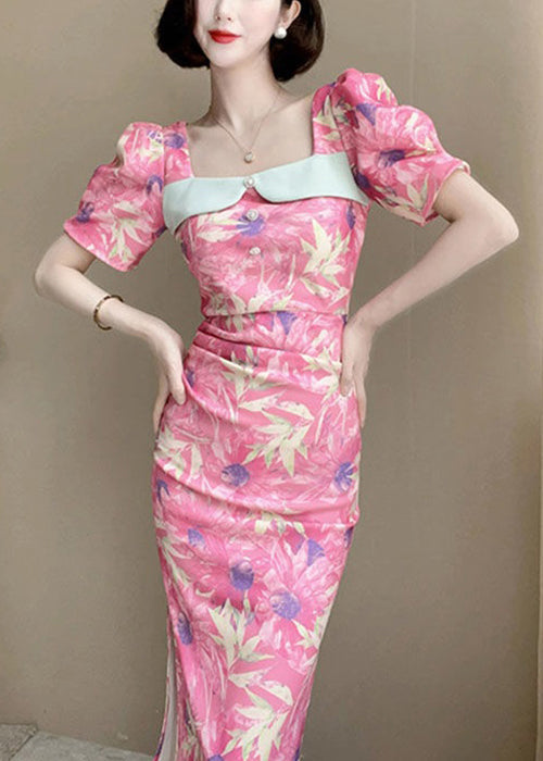 New Pink Print Side Open Cotton Dresses Summer ZL026