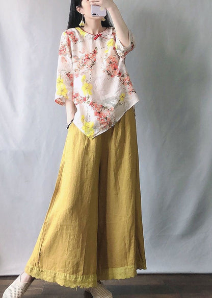 Ensemble deux pièces en coton à manches courtes et haut imprimé rose et pantalon large jaune VV058