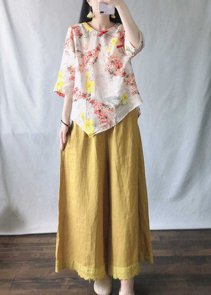 Ensemble deux pièces en coton à manches courtes et haut imprimé rose et pantalon large jaune VV058