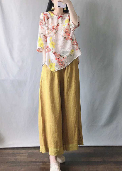 Ensemble deux pièces en coton à manches courtes et haut imprimé rose et pantalon large jaune VV058