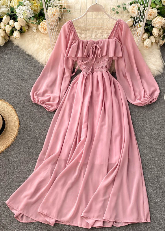 New Pink Square Collar Ruffled Chiffon Dress Fall TR026